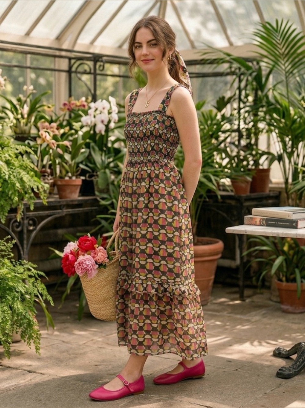 Banjanan Dress Medium Geometric Print Cotton Voile Smocked Tiered Maxi NWOT